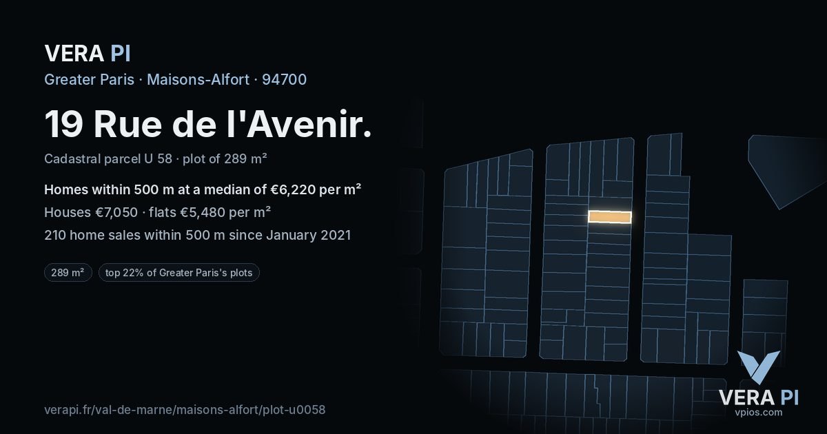 19 Rue de l'Avenir, Maisons-Alfort at night – the plot lit, the parcels around coloured by the prices near them