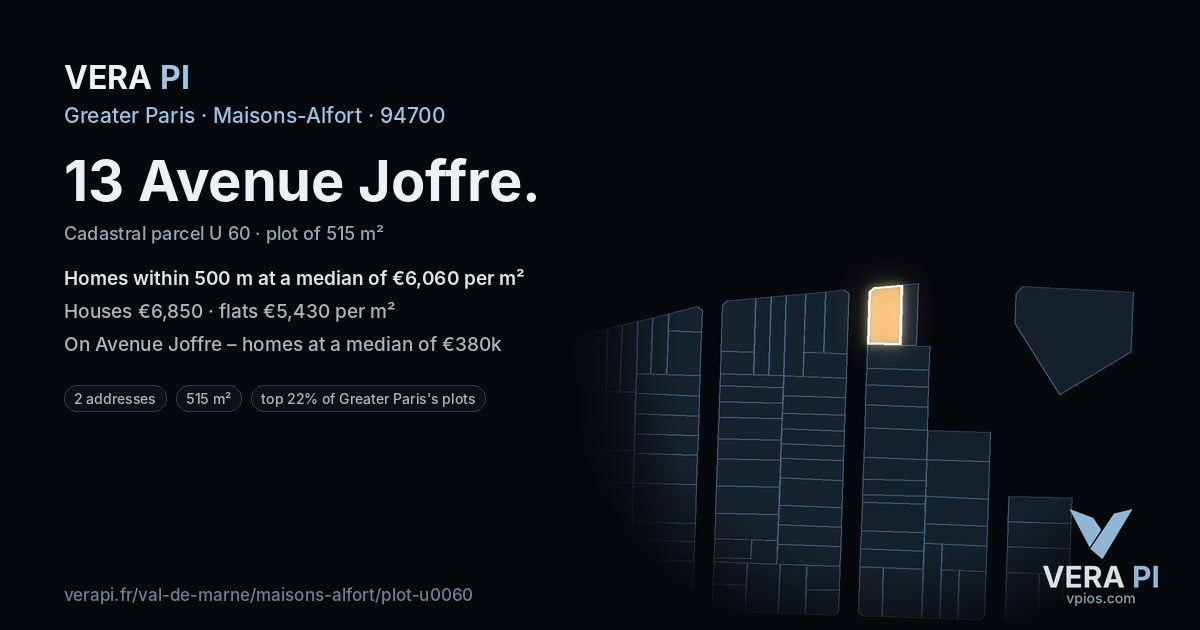 13 Avenue Joffre, Maisons-Alfort at night – the plot lit, the parcels around coloured by the prices near them
