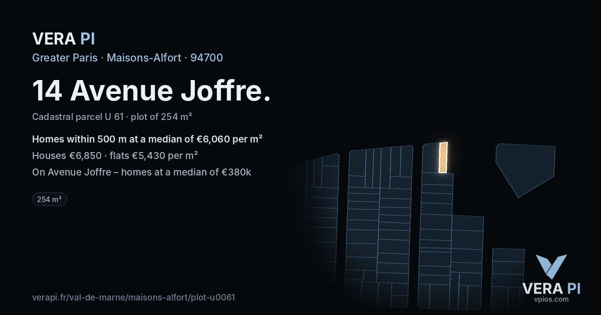 14 Avenue Joffre, Maisons-Alfort at night – the plot lit, the parcels around coloured by the prices near them