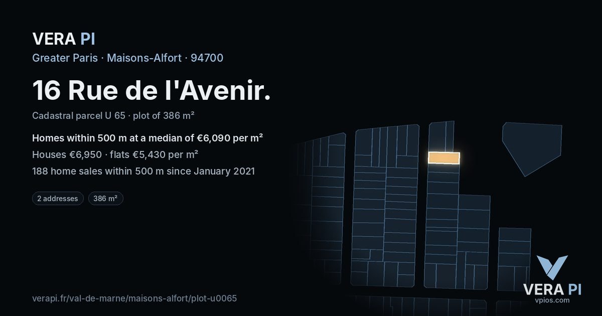 16 Rue de l'Avenir, Maisons-Alfort at night – the plot lit, the parcels around coloured by the prices near them