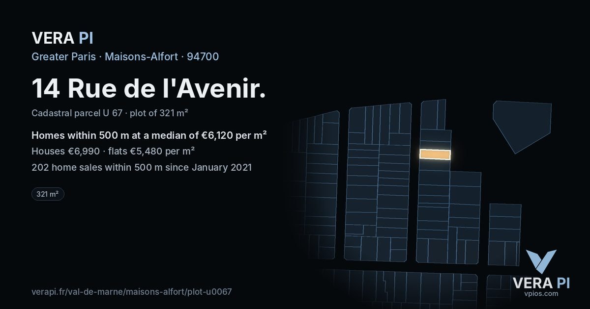 14 Rue de l'Avenir, Maisons-Alfort at night – the plot lit, the parcels around coloured by the prices near them