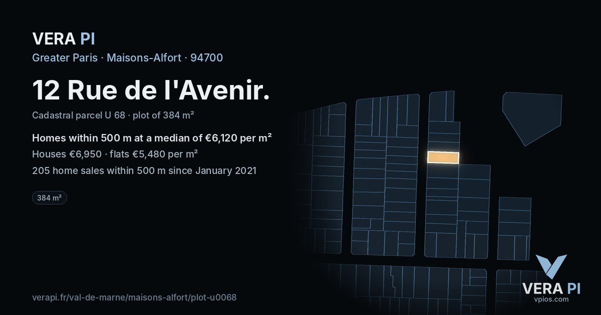 12 Rue de l'Avenir, Maisons-Alfort at night – the plot lit, the parcels around coloured by the prices near them