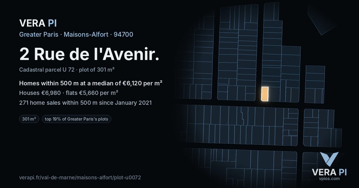 2 Rue de l'Avenir, Maisons-Alfort at night – the plot lit, the parcels around coloured by the prices near them