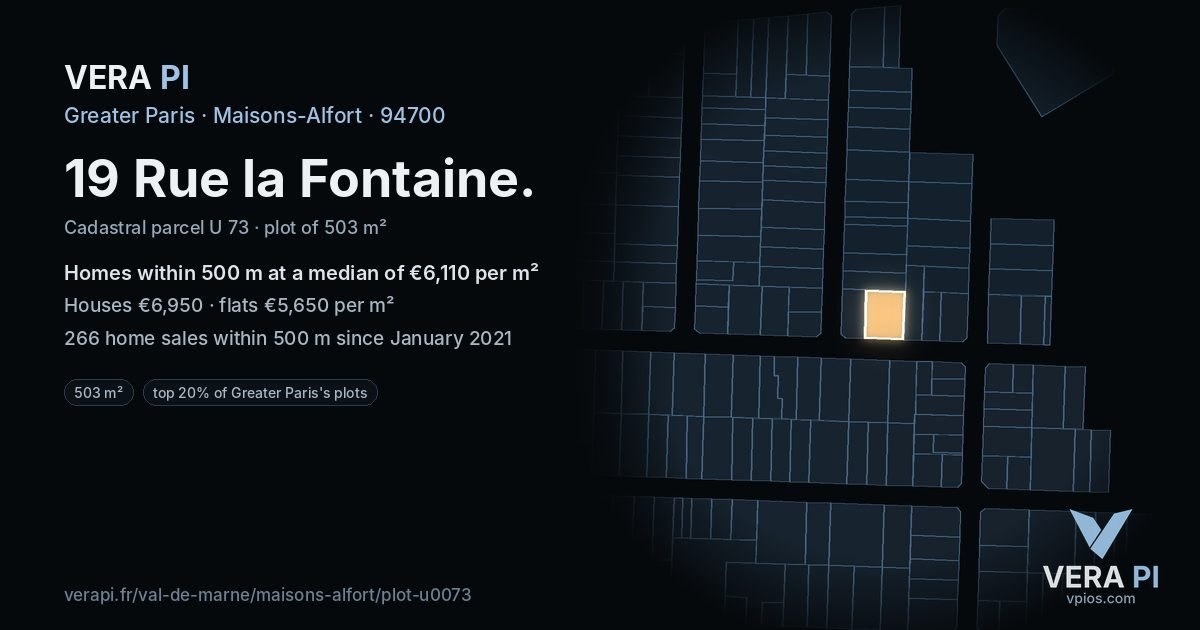 19 Rue la Fontaine, Maisons-Alfort at night – the plot lit, the parcels around coloured by the prices near them