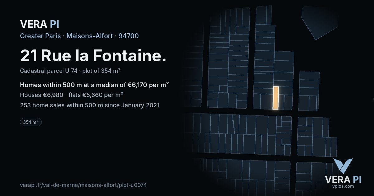 21 Rue la Fontaine, Maisons-Alfort at night – the plot lit, the parcels around coloured by the prices near them