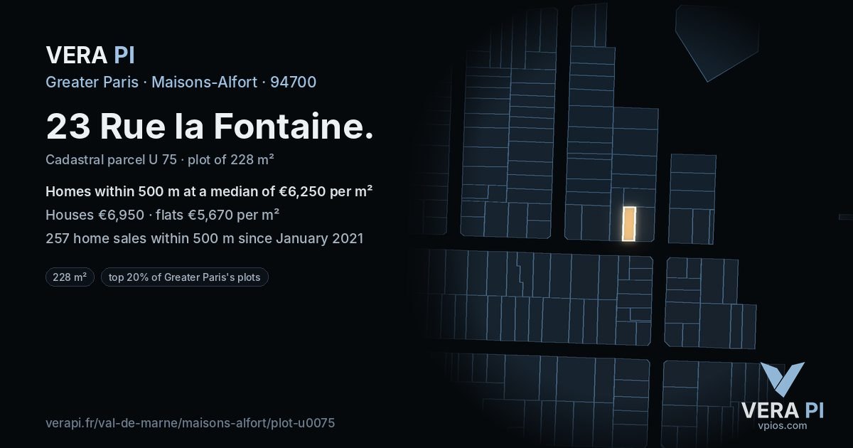 23 Rue la Fontaine, Maisons-Alfort at night – the plot lit, the parcels around coloured by the prices near them