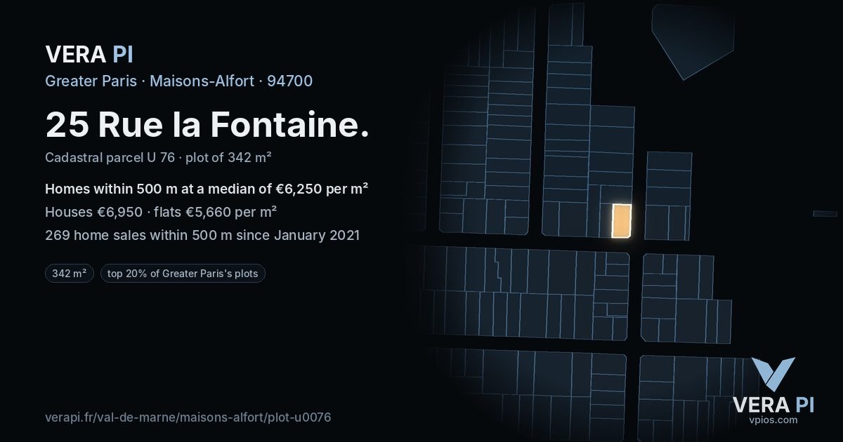 25 Rue la Fontaine, Maisons-Alfort at night – the plot lit, the parcels around coloured by the prices near them
