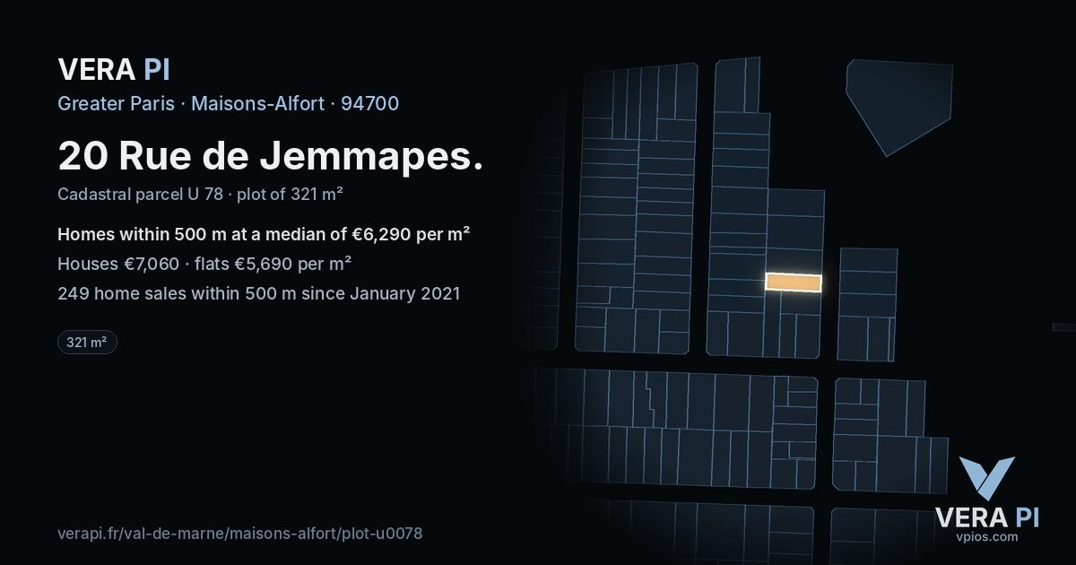 20 Rue de Jemmapes, Maisons-Alfort at night – the plot lit, the parcels around coloured by the prices near them