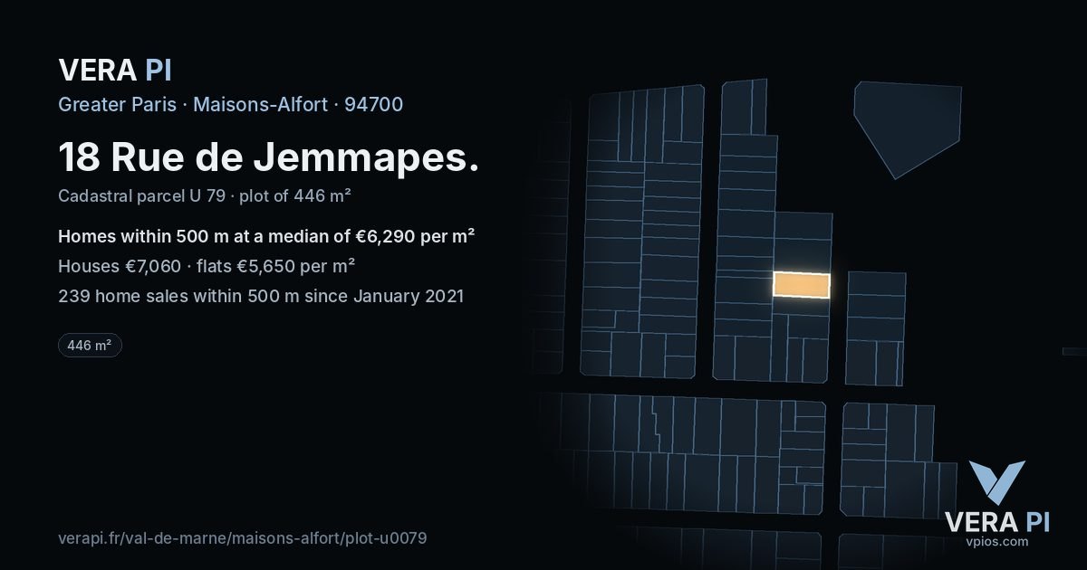 18 Rue de Jemmapes, Maisons-Alfort at night – the plot lit, the parcels around coloured by the prices near them