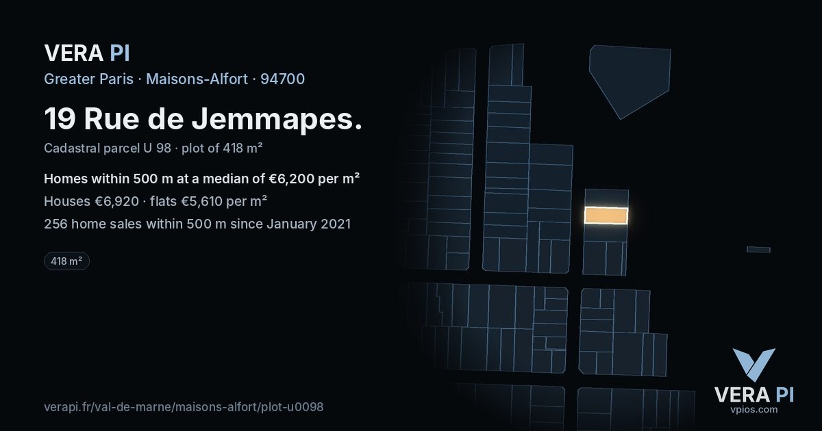 19 Rue de Jemmapes, Maisons-Alfort at night – the plot lit, the parcels around coloured by the prices near them