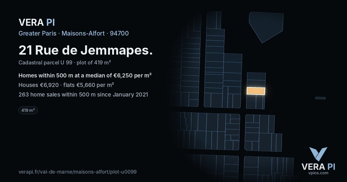 21 Rue de Jemmapes, Maisons-Alfort at night – the plot lit, the parcels around coloured by the prices near them