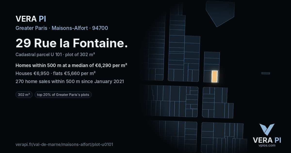 29 Rue la Fontaine, Maisons-Alfort at night – the plot lit, the parcels around coloured by the prices near them