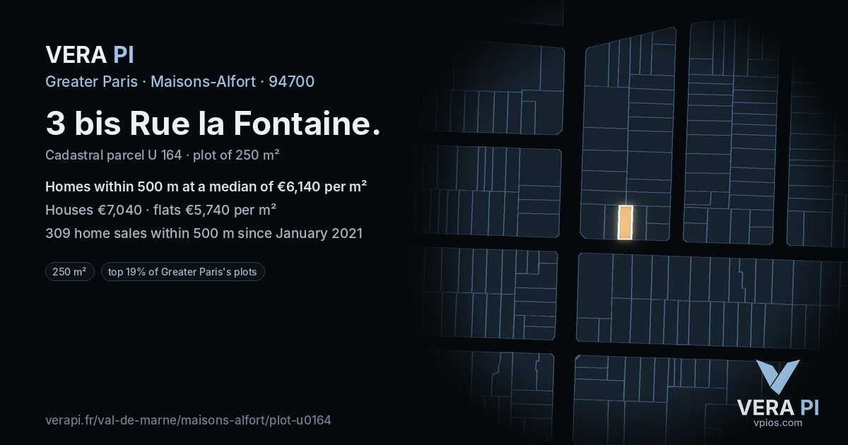 3 bis Rue la Fontaine, Maisons-Alfort at night – the plot lit, the parcels around coloured by the prices near them