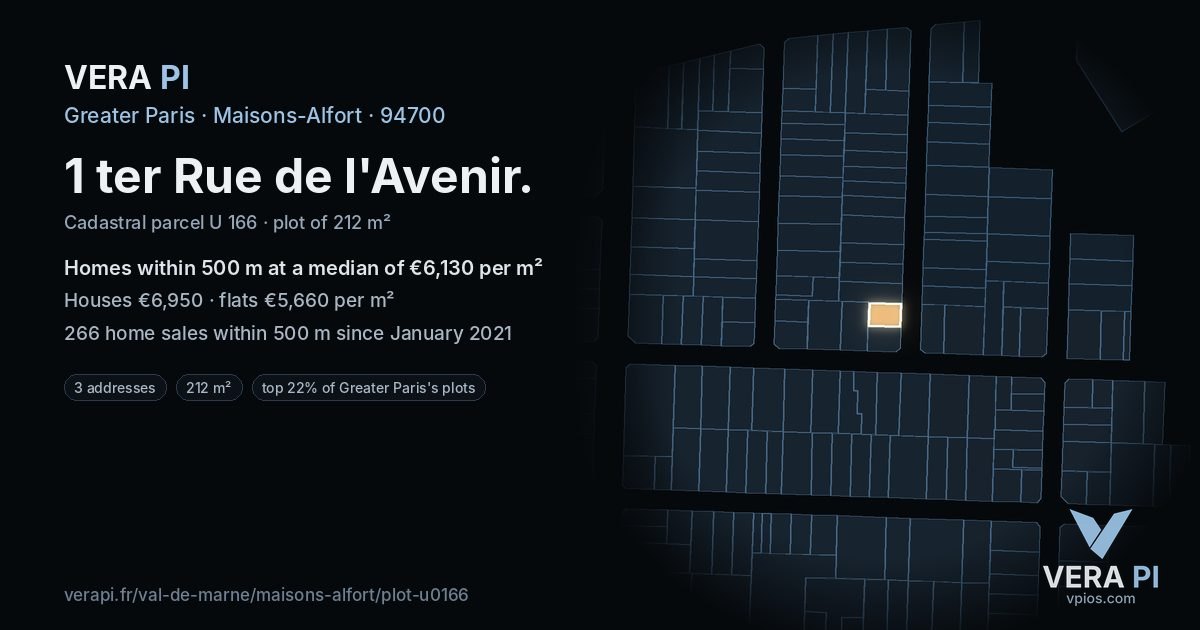 1 ter Rue de l'Avenir, Maisons-Alfort at night – the plot lit, the parcels around coloured by the prices near them