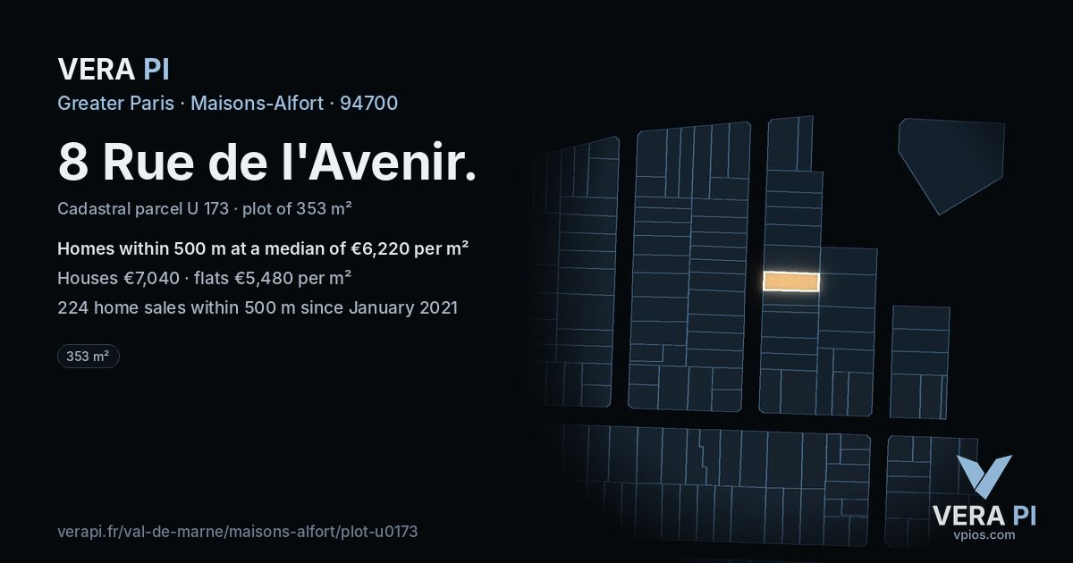 8 Rue de l'Avenir, Maisons-Alfort at night – the plot lit, the parcels around coloured by the prices near them
