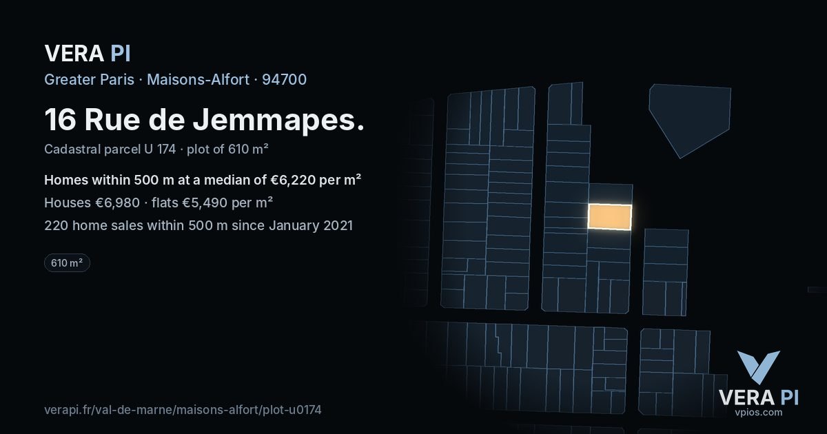 16 Rue de Jemmapes, Maisons-Alfort at night – the plot lit, the parcels around coloured by the prices near them