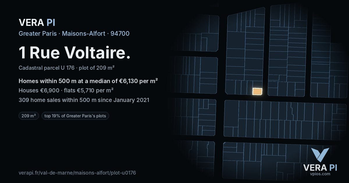 1 Rue Voltaire, Maisons-Alfort at night – the plot lit, the parcels around coloured by the prices near them