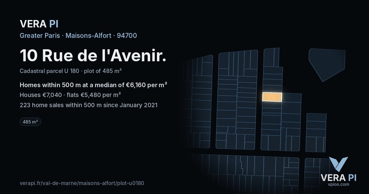 10 Rue de l'Avenir, Maisons-Alfort at night – the plot lit, the parcels around coloured by the prices near them