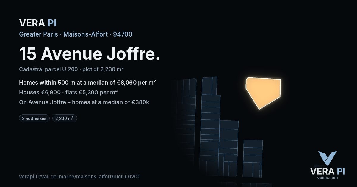 15 Avenue Joffre, Maisons-Alfort at night – the plot lit, the parcels around coloured by the prices near them