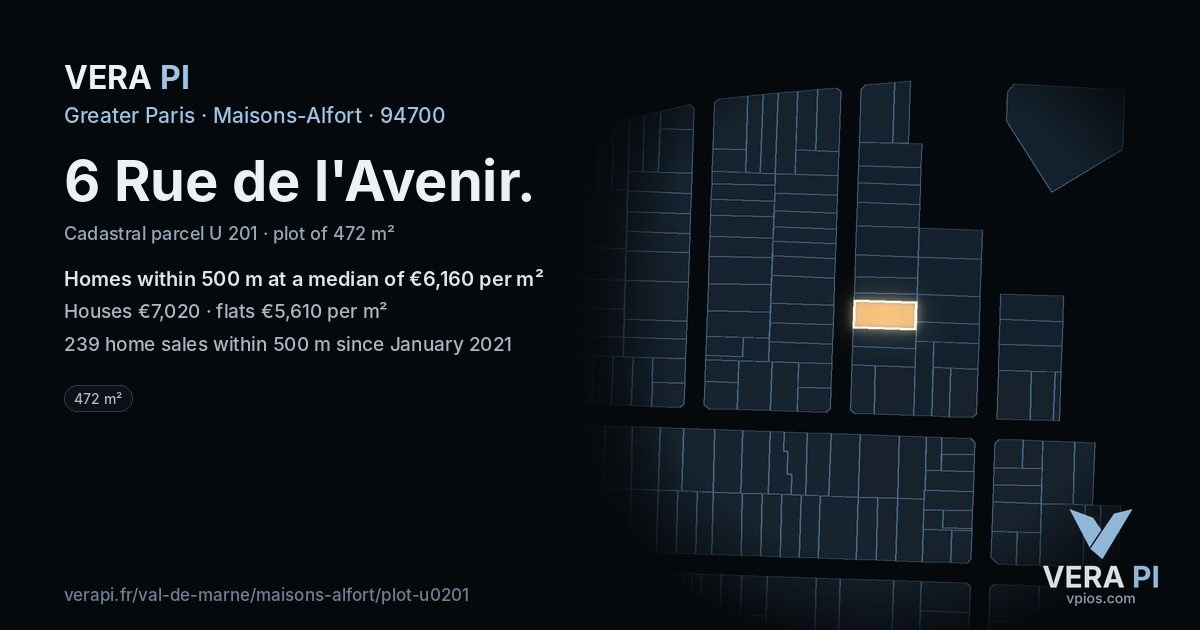 6 Rue de l'Avenir, Maisons-Alfort at night – the plot lit, the parcels around coloured by the prices near them