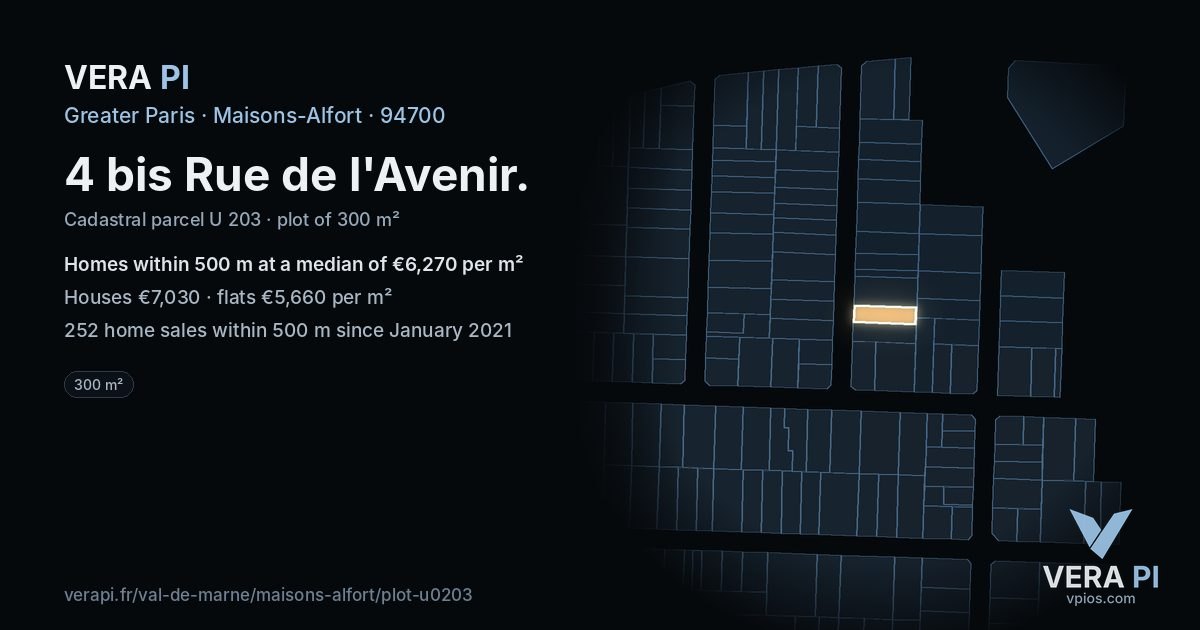 4 bis Rue de l'Avenir, Maisons-Alfort at night – the plot lit, the parcels around coloured by the prices near them