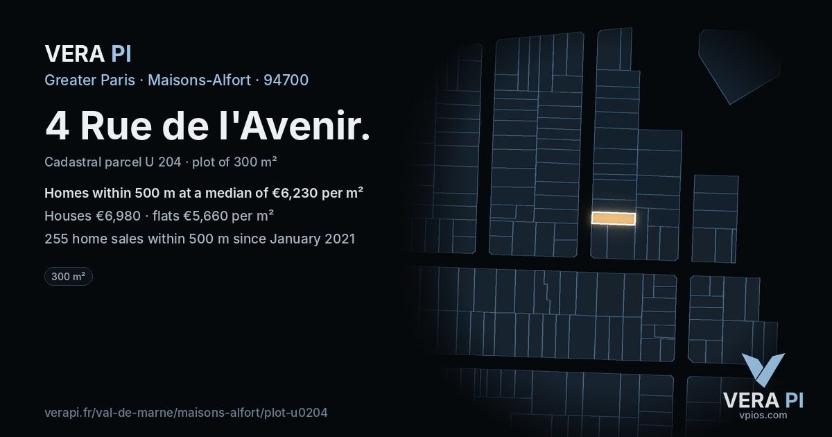 4 Rue de l'Avenir, Maisons-Alfort at night – the plot lit, the parcels around coloured by the prices near them