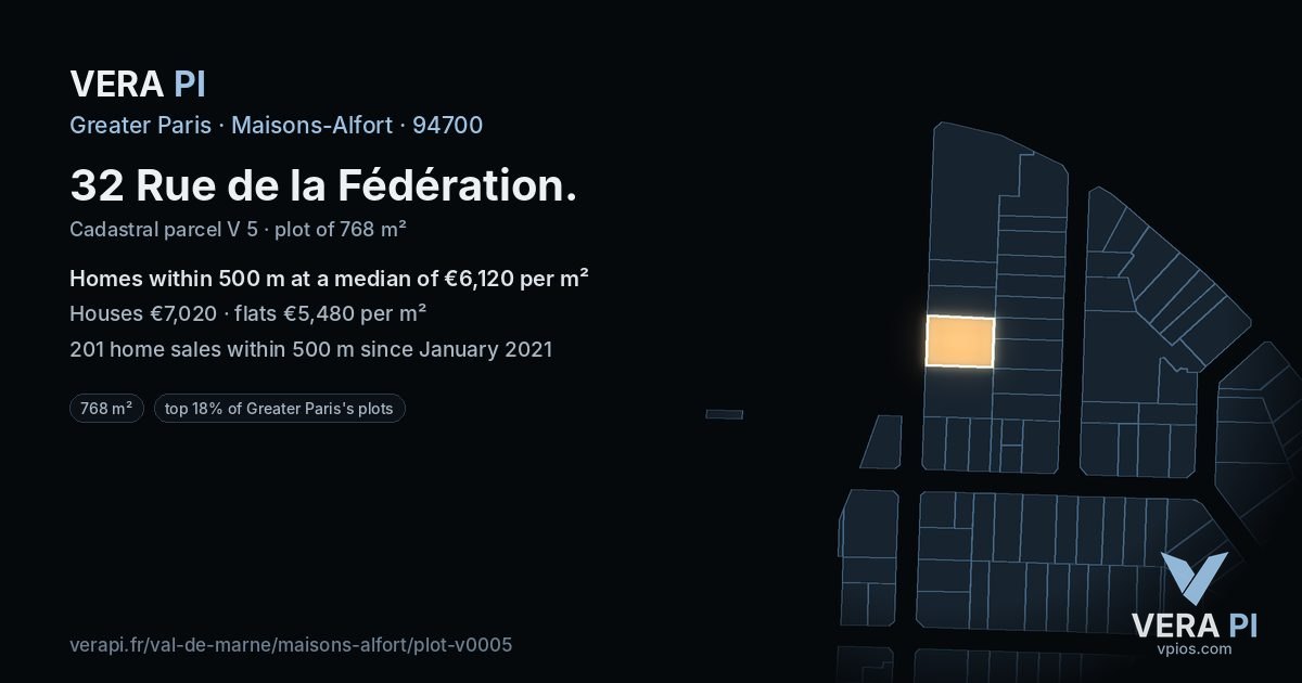 32 Rue de la Fédération, Maisons-Alfort at night – the plot lit, the parcels around coloured by the prices near them