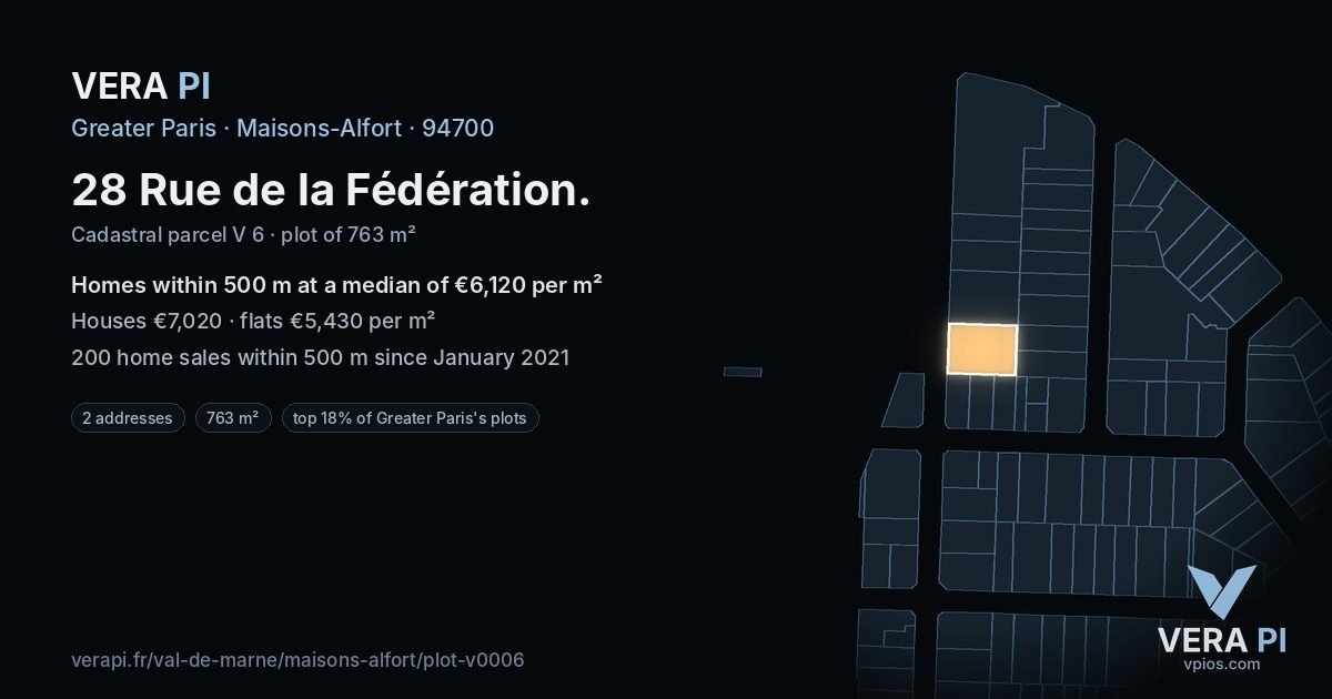 28 Rue de la Fédération, Maisons-Alfort at night – the plot lit, the parcels around coloured by the prices near them