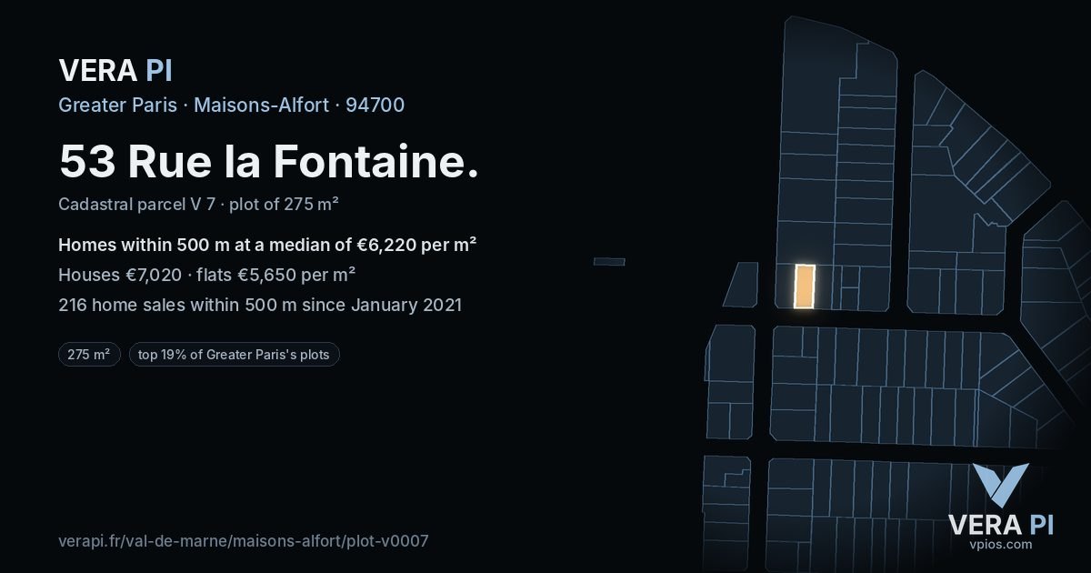 53 Rue la Fontaine, Maisons-Alfort at night – the plot lit, the parcels around coloured by the prices near them