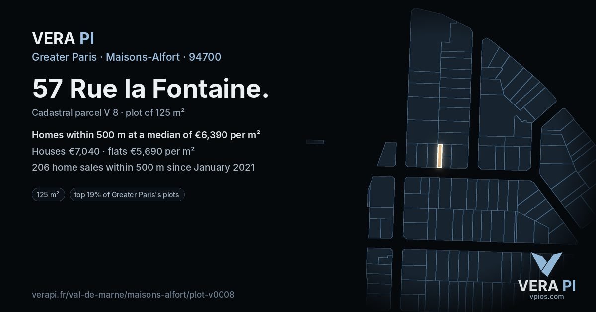 57 Rue la Fontaine, Maisons-Alfort at night – the plot lit, the parcels around coloured by the prices near them