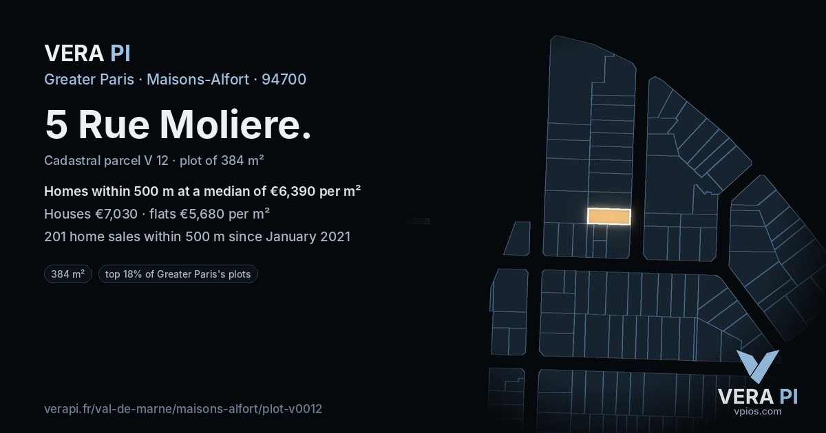 5 Rue Moliere, Maisons-Alfort at night – the plot lit, the parcels around coloured by the prices near them