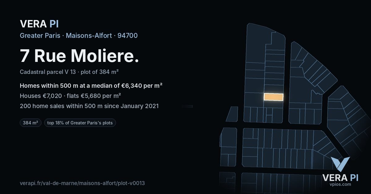 7 Rue Moliere, Maisons-Alfort at night – the plot lit, the parcels around coloured by the prices near them
