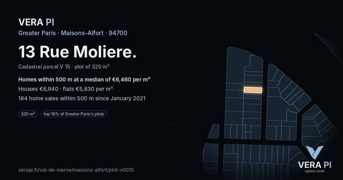 13 Rue Moliere, Maisons-Alfort at night – the plot lit, the parcels around coloured by the prices near them