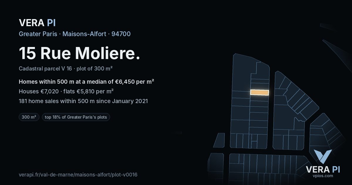 15 Rue Moliere, Maisons-Alfort at night – the plot lit, the parcels around coloured by the prices near them
