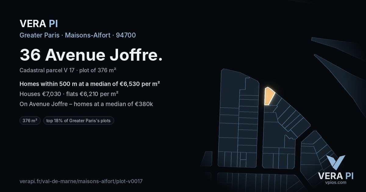 36 Avenue Joffre, Maisons-Alfort at night – the plot lit, the parcels around coloured by the prices near them