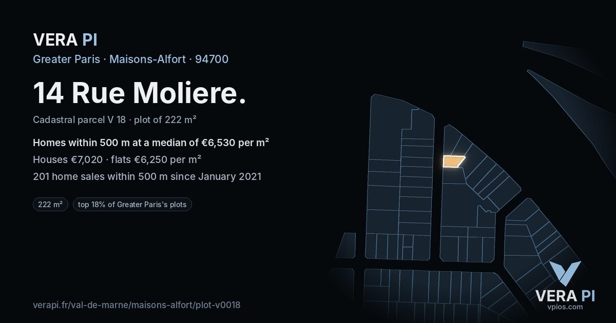 14 Rue Moliere, Maisons-Alfort at night – the plot lit, the parcels around coloured by the prices near them