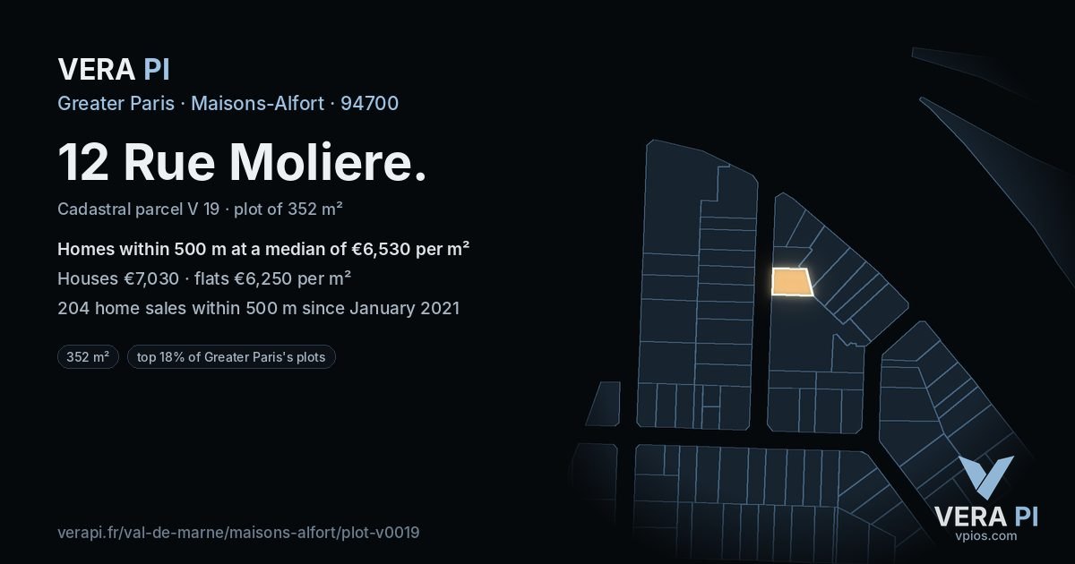 12 Rue Moliere, Maisons-Alfort at night – the plot lit, the parcels around coloured by the prices near them