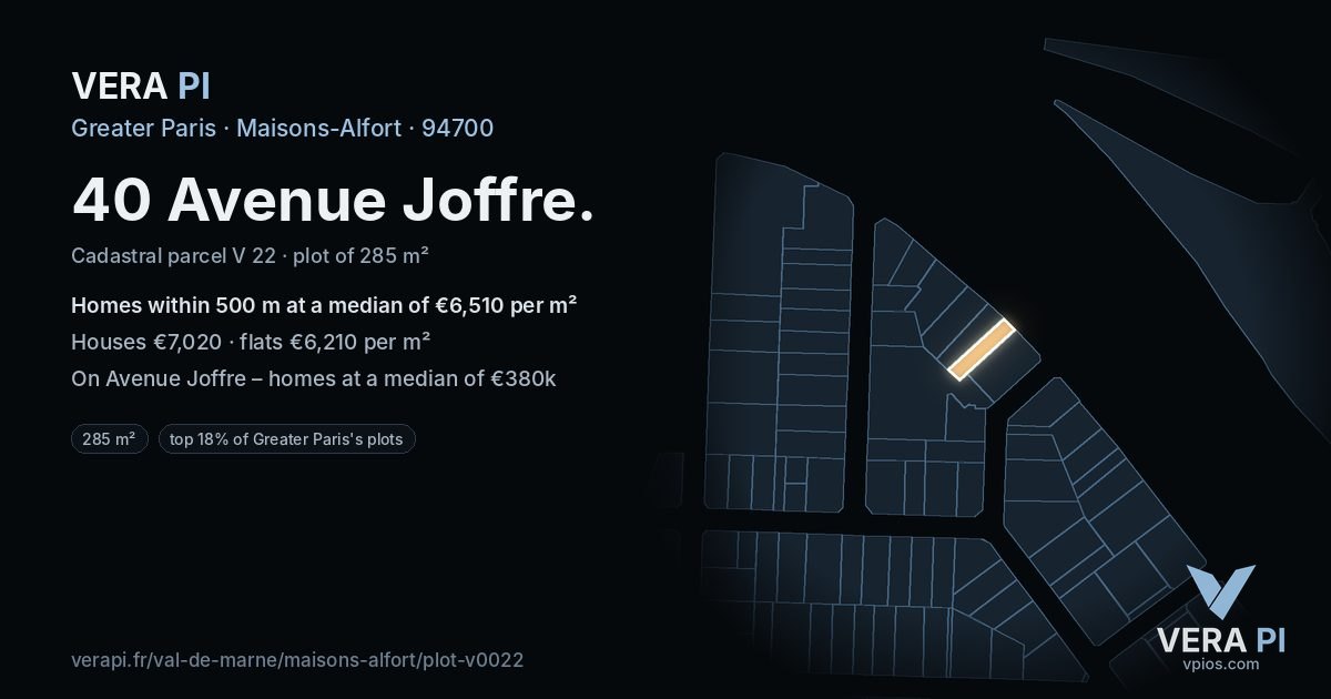 40 Avenue Joffre, Maisons-Alfort at night – the plot lit, the parcels around coloured by the prices near them