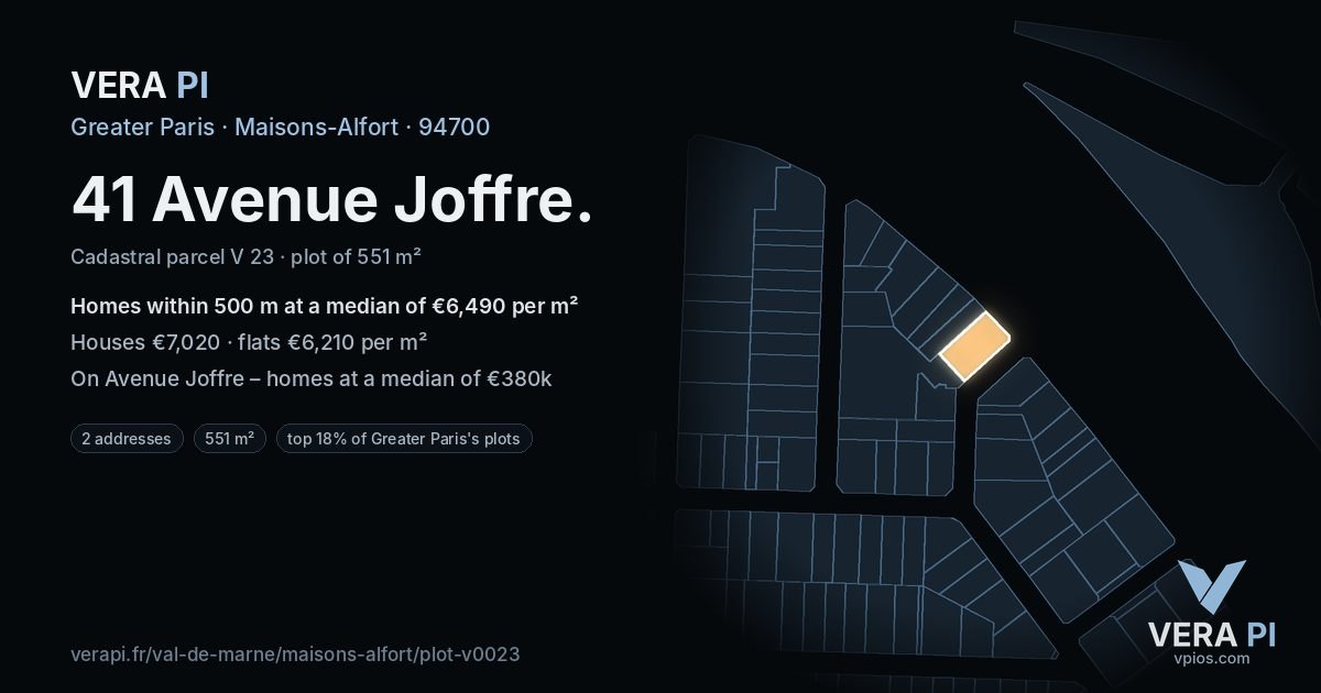 41 Avenue Joffre, Maisons-Alfort at night – the plot lit, the parcels around coloured by the prices near them