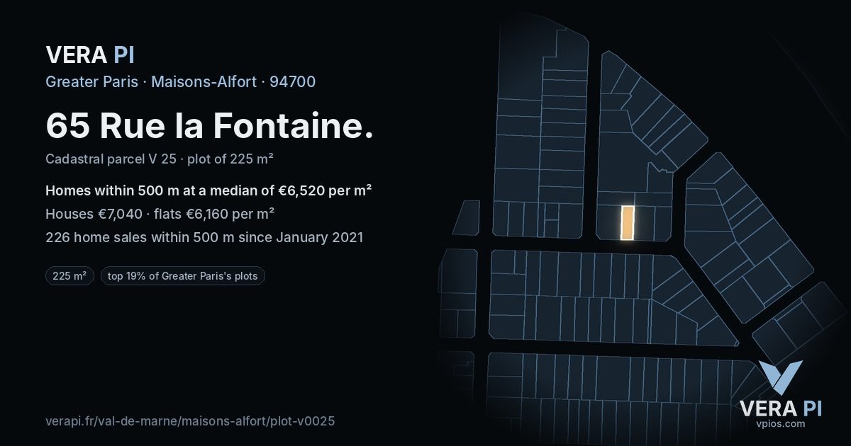 65 Rue la Fontaine, Maisons-Alfort at night – the plot lit, the parcels around coloured by the prices near them