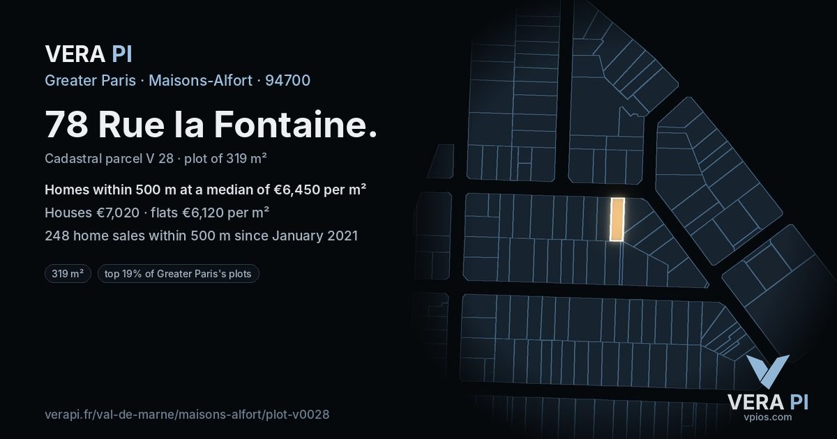 78 Rue la Fontaine, Maisons-Alfort at night – the plot lit, the parcels around coloured by the prices near them