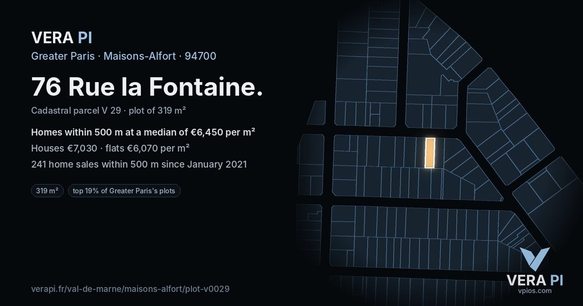 76 Rue la Fontaine, Maisons-Alfort at night – the plot lit, the parcels around coloured by the prices near them