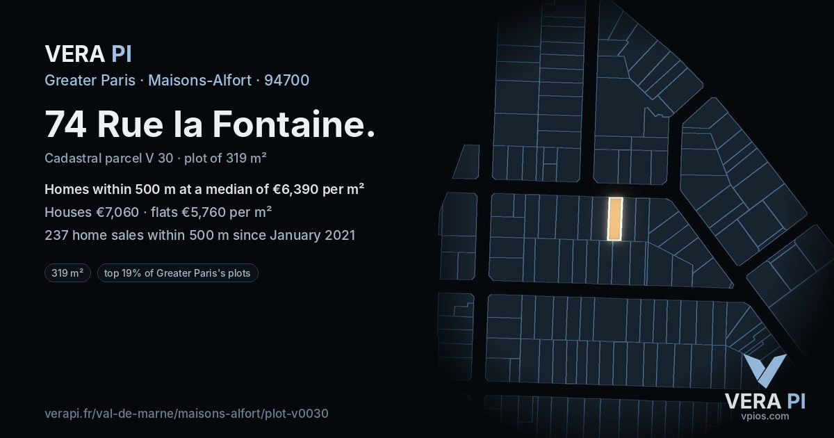 74 Rue la Fontaine, Maisons-Alfort at night – the plot lit, the parcels around coloured by the prices near them