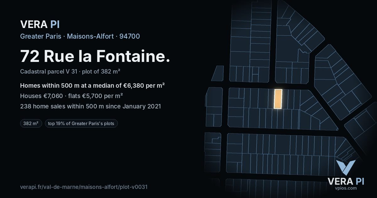 72 Rue la Fontaine, Maisons-Alfort at night – the plot lit, the parcels around coloured by the prices near them