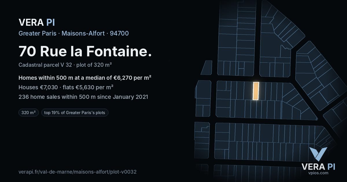 70 Rue la Fontaine, Maisons-Alfort at night – the plot lit, the parcels around coloured by the prices near them