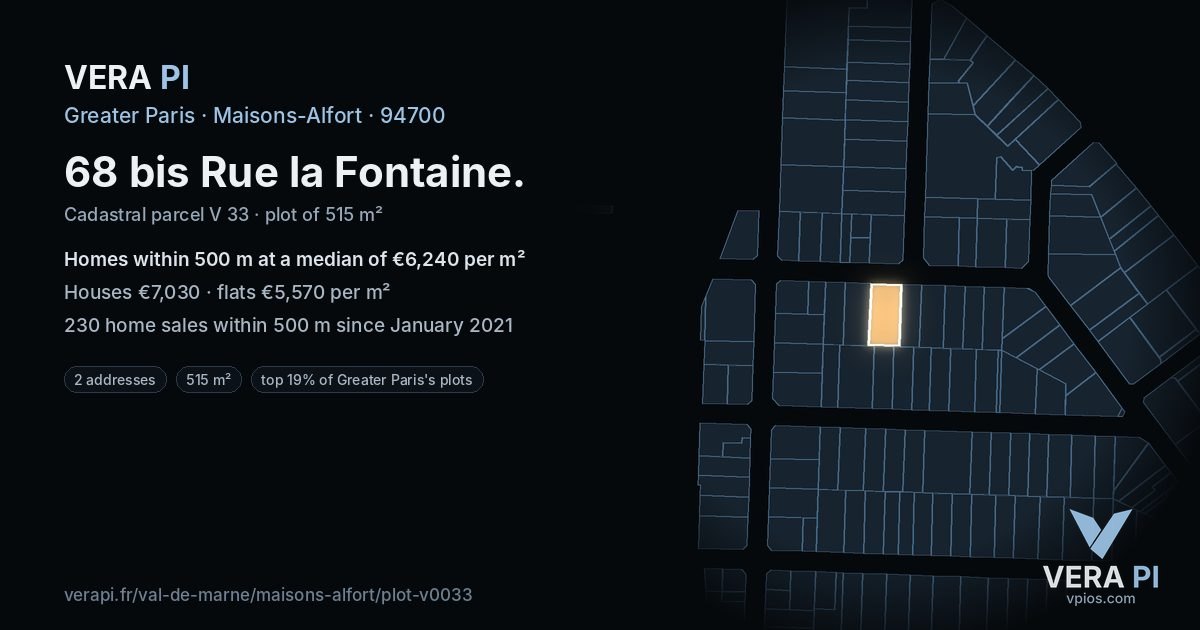 68 bis Rue la Fontaine, Maisons-Alfort at night – the plot lit, the parcels around coloured by the prices near them
