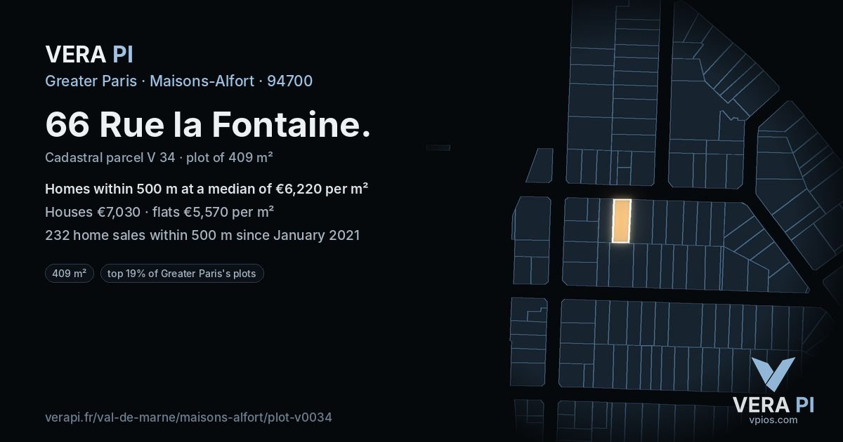 66 Rue la Fontaine, Maisons-Alfort at night – the plot lit, the parcels around coloured by the prices near them