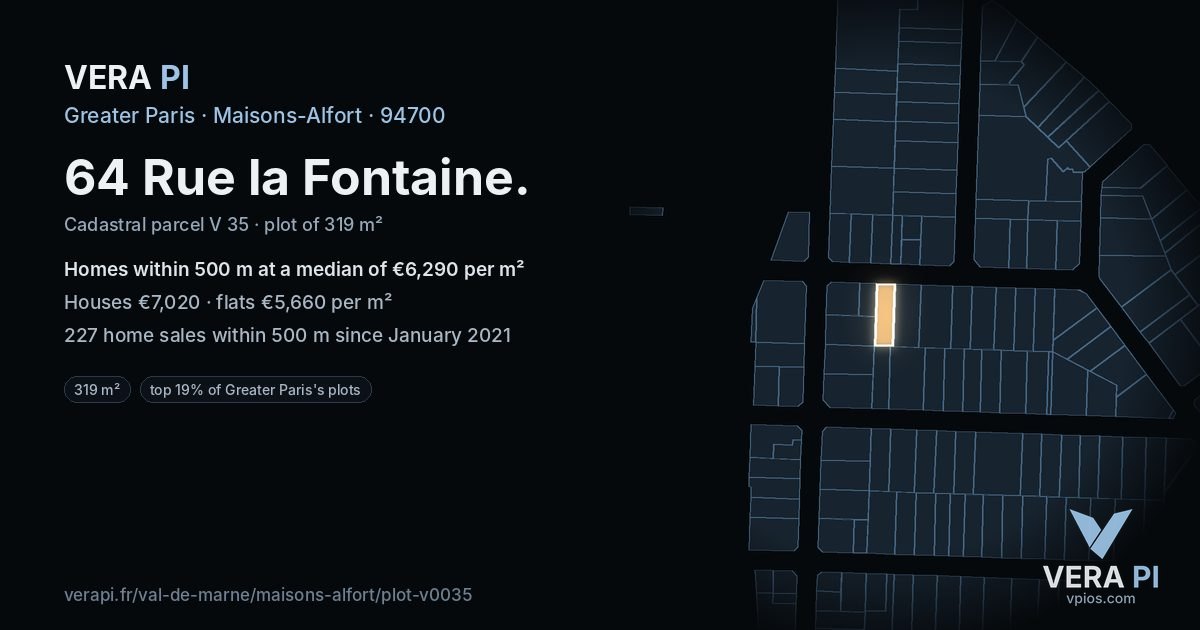 64 Rue la Fontaine, Maisons-Alfort at night – the plot lit, the parcels around coloured by the prices near them
