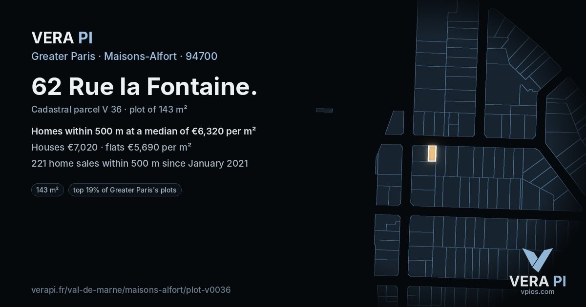 62 Rue la Fontaine, Maisons-Alfort at night – the plot lit, the parcels around coloured by the prices near them