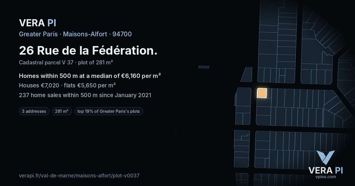 26 Rue de la Fédération, Maisons-Alfort at night – the plot lit, the parcels around coloured by the prices near them
